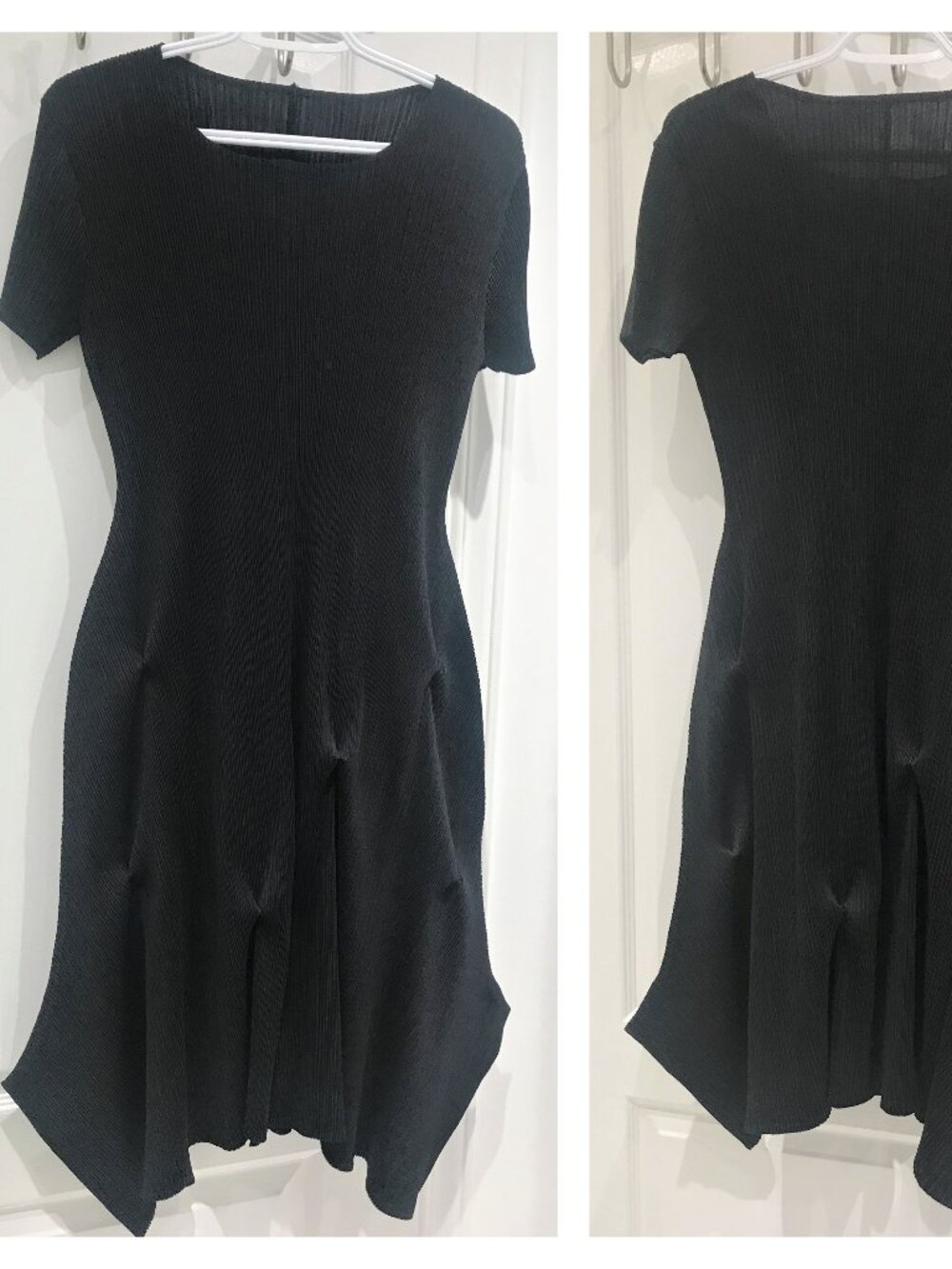 Black Short Sleeve Pleated Dress Flared Asymmetric Hem Size S
